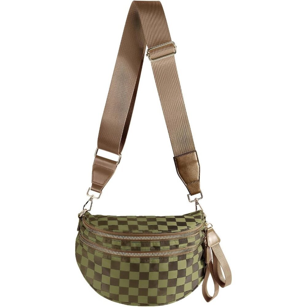 〽️Women's Khaki Green Nylon Checkered Adjustable Straps Zipper Crossbody Bag